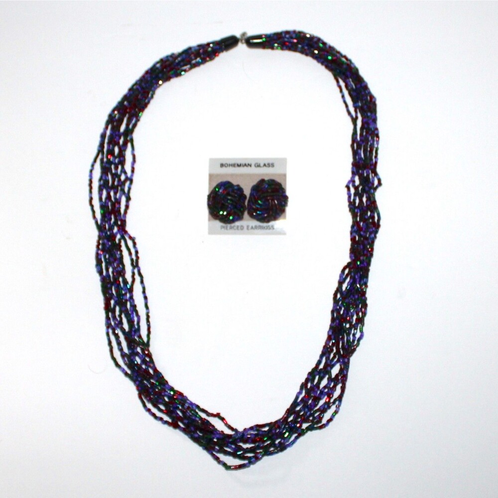 Necklace Earrings Set Bohemian Glass Beads blue purple